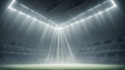 Dramatic spotlight beams cutting through the fog in a football stadium