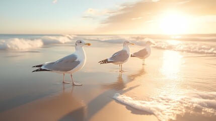 Gulls on beach at sunset