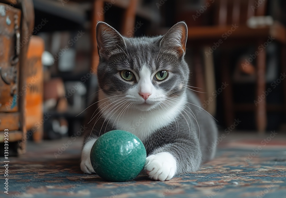Poster charming indoor scene of a gray cat playing with a green ball in a cozy rustic environment : generat