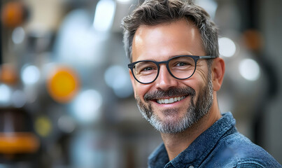 Confident Mature Man with Glasses Smiling Charmingly in Workshop Setting