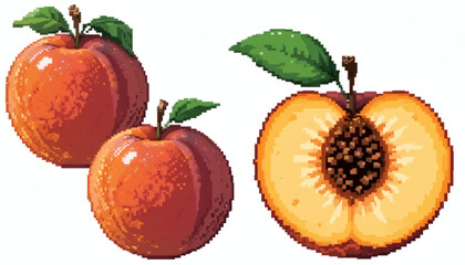 8-bit isolated pixel image of a ripe peach with fuzzy texture, shown from multiple angles including half-sliced, on a white background.