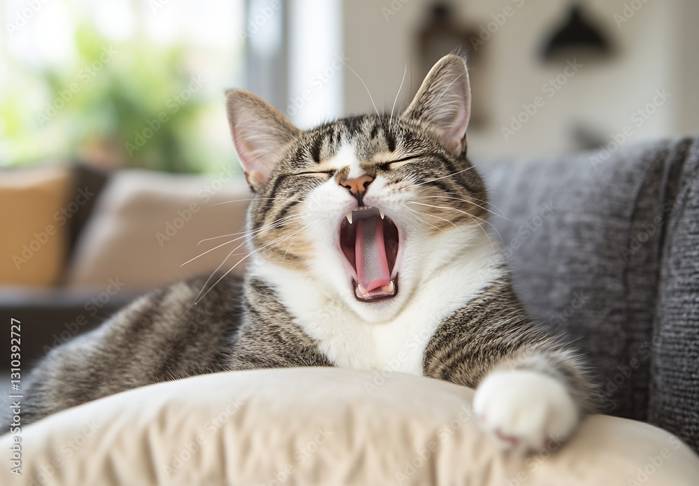 Poster sleepy tabby cat yawning with its mouth wide open relaxing on a soft pillow in a cozy room : generat