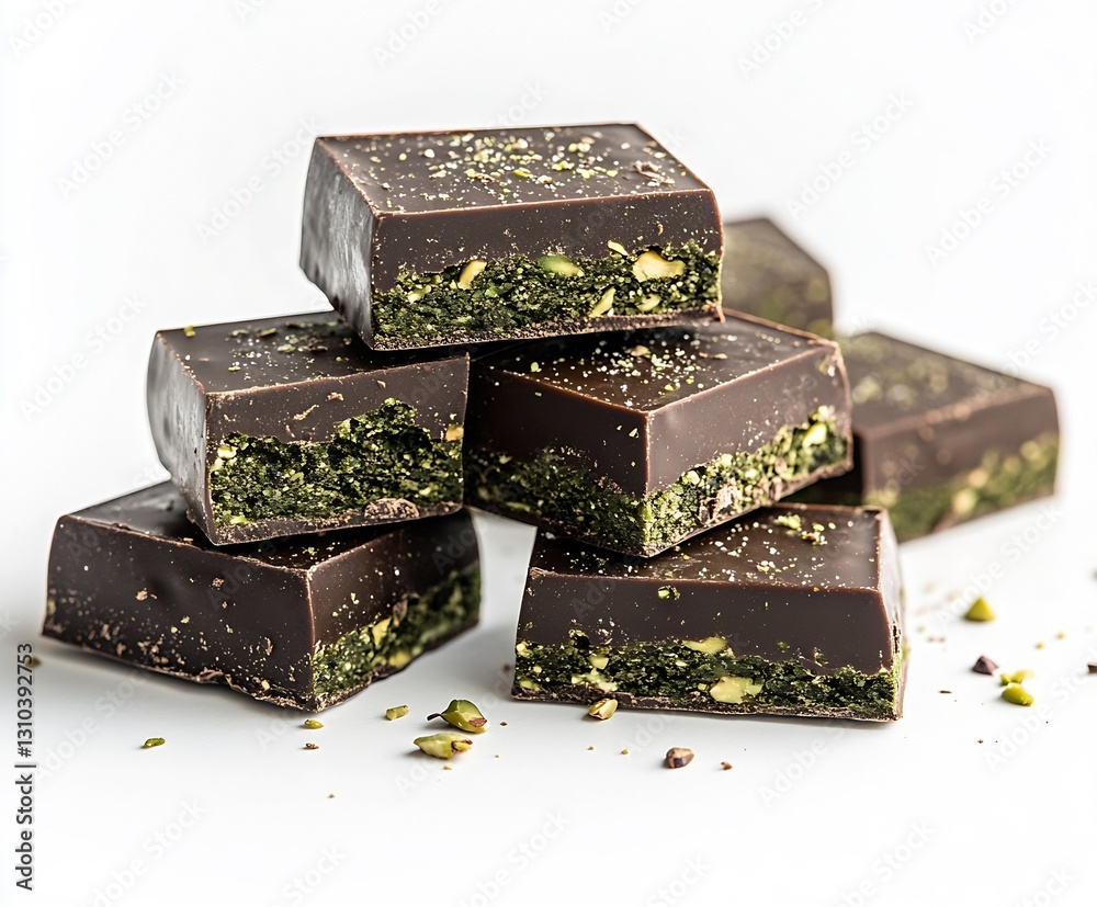 Poster artisan dark chocolate pieces with pistachios presenting a delicious layered texture on a white back