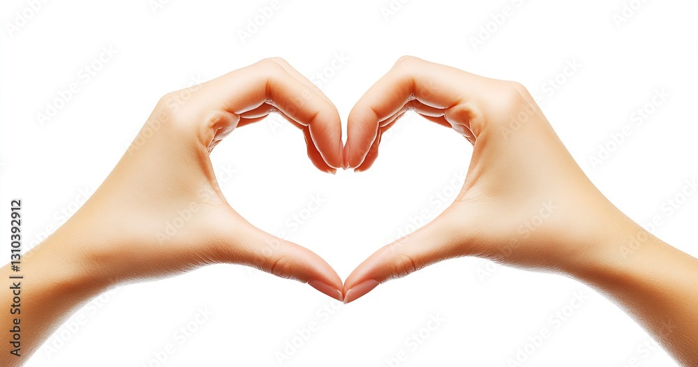 Poster Elegant hands forming a heart shape against a pristine white background emphasizing love and unity : Generative AI