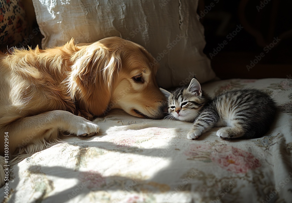 Poster golden retriever gently touching noses with a tiny kitten in a sunlit cozy space : generative ai