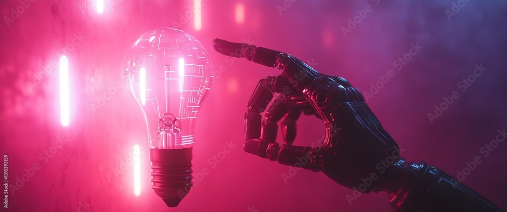 Poster futuristic robotic hand reaching out to illuminate a light bulb with vibrant neon colors and artisti
