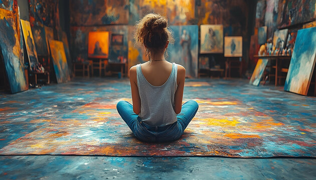 Contemplative artist immersed in colorful creative space surrounded by artwork