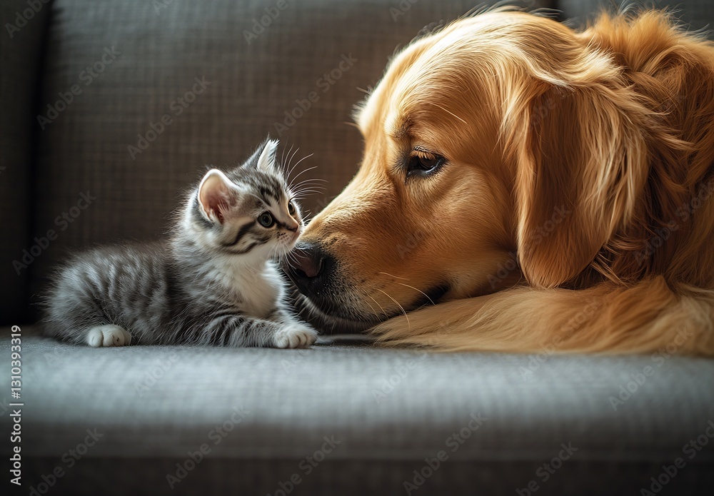 Poster adorable golden retriever with a tiny kitten enjoying a playful moment together in a warm living spa