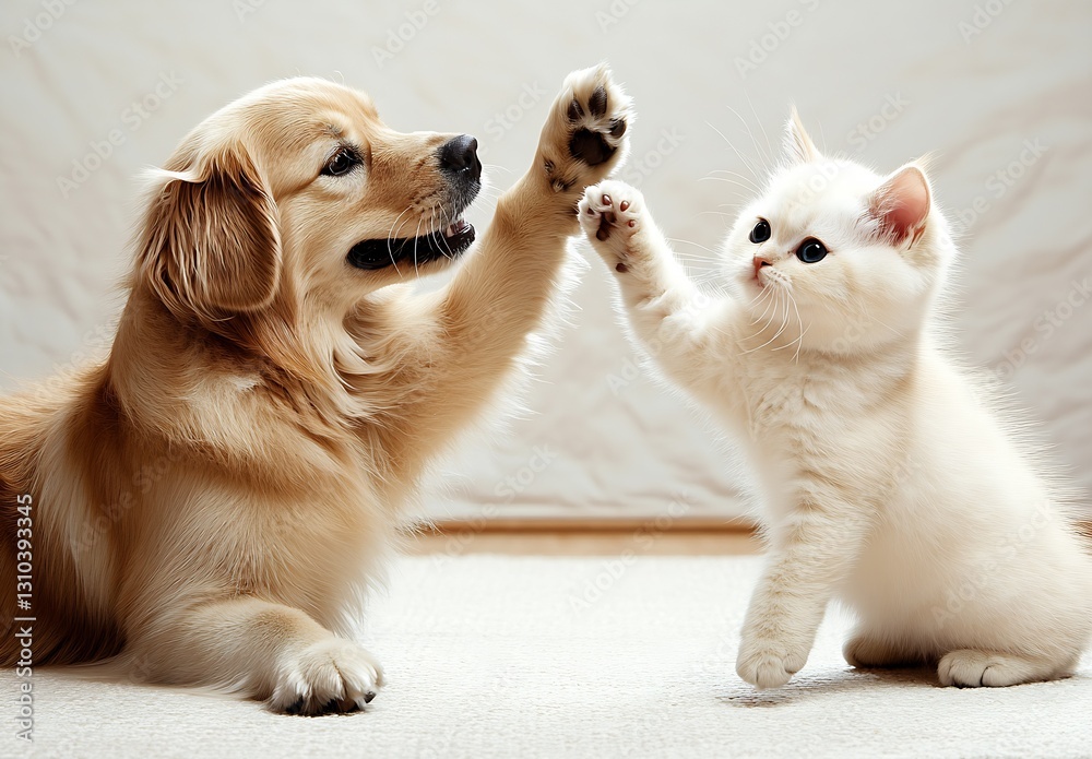 Poster golden retriever and fluffy white kitten playfully interacting with their paws raised : generative a