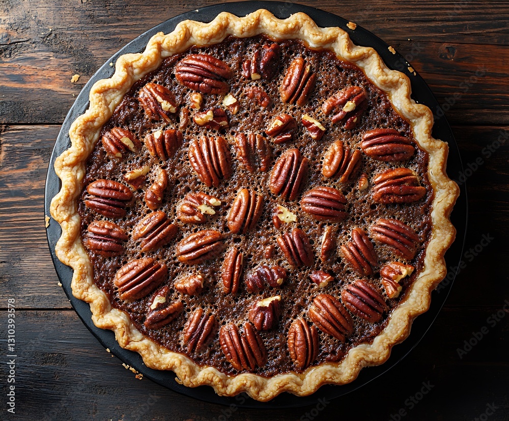 Poster delicious homemade pecan pie with a flaky crust and golden pecans for tempting dessert lovers and fo