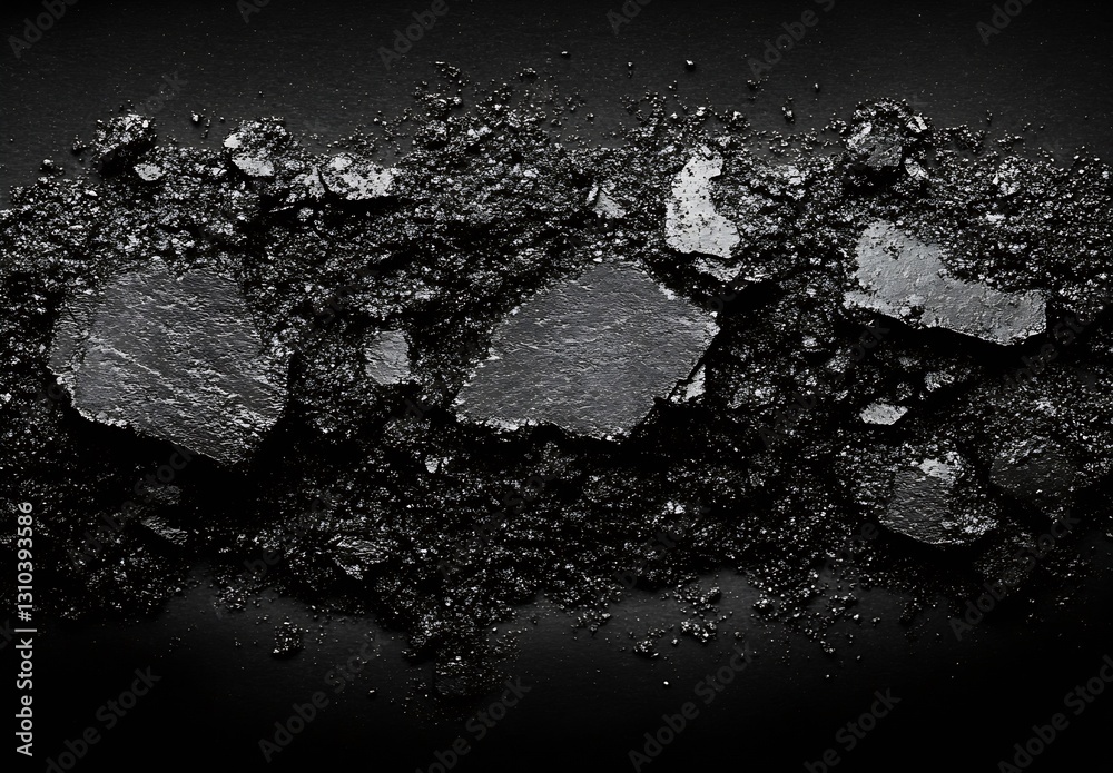 Poster Textured surface of dark black soil or mineral ground filled with rocks and ash : Generative AI