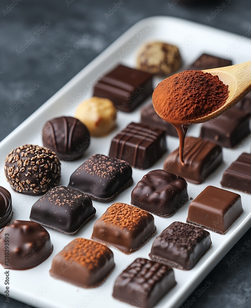 Poster tempting gourmet chocolate selection garnished with cocoa powder appealing to chocolate lovers : gen