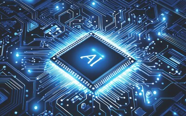 Fototapeta premium AI microchip glowing on circuit board.