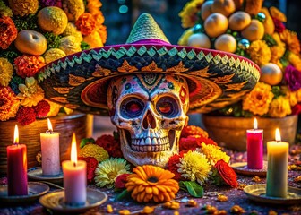 Naklejka premium Dia de los Muertos Calavera Skull with Sombrero, Festive Sugar Skull Decoration, Mexican Holiday Tradition