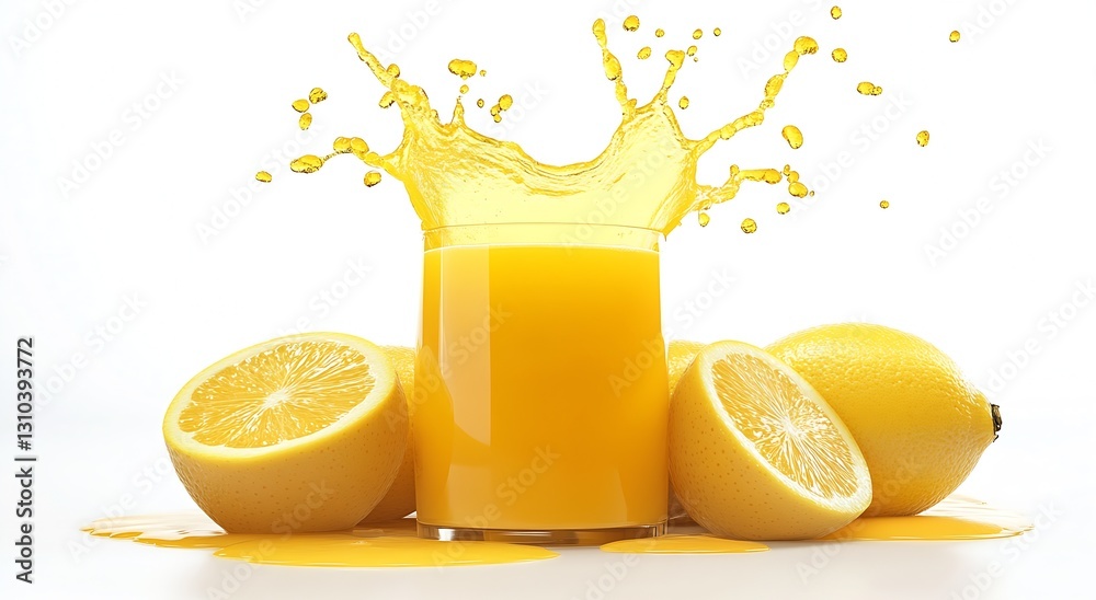Poster refreshing glass of freshly squeezed lemon juice with splashes and bright yellow lemons : generative
