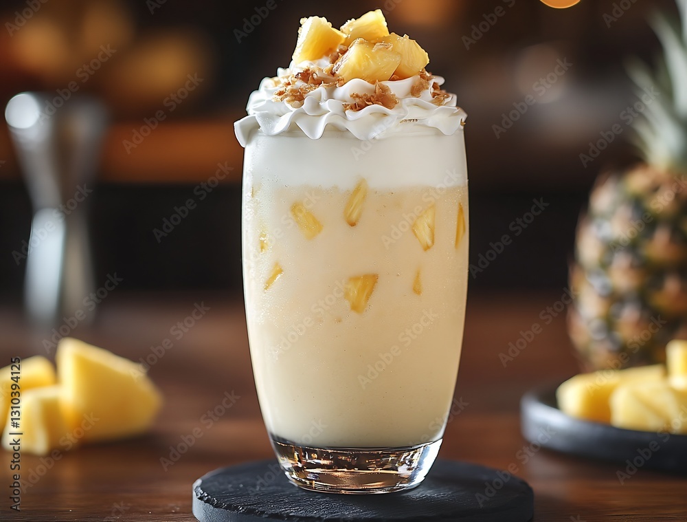 Aufkleber creamy layered beverage topped with pineapple chunks and whipped cream served in a elegant glass : g