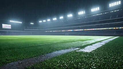 Abstract view of stadium lights reflecting on a wet field after rain