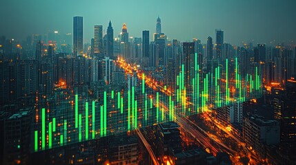 Night city skyline with financial chart overlay