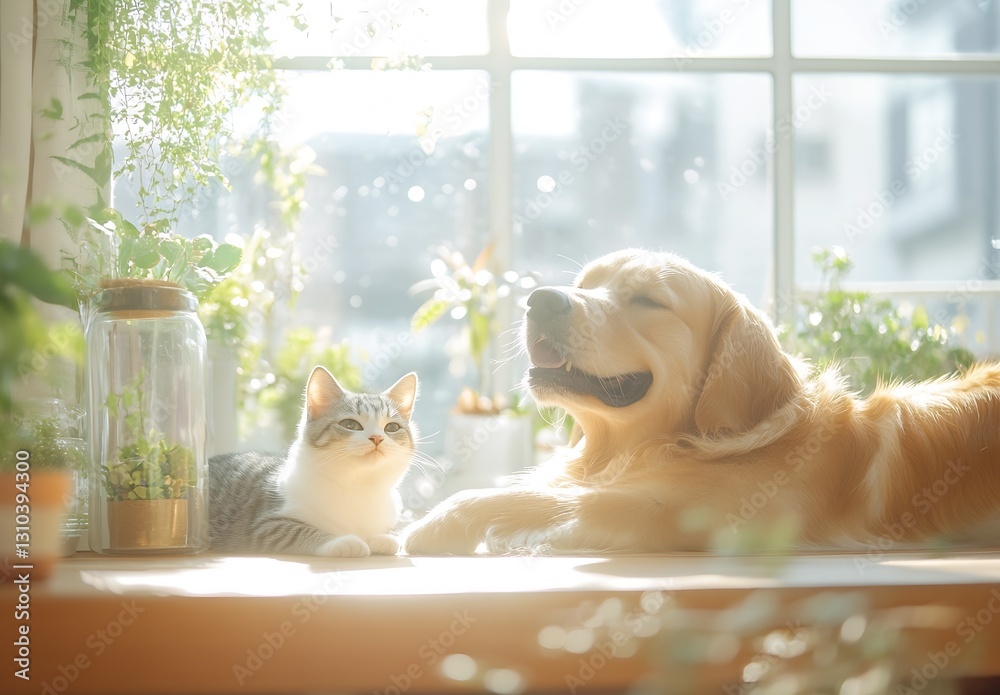 Poster sunlit area with golden retriever and playful tabby cat enjoying peaceful moment together : generati