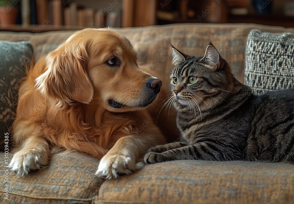 Aufkleber affectionate golden retriever and playful tabby cat cozying up on the couch : generative ai