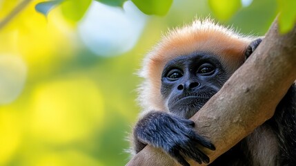Obraz premium Silvery gibbon resting peacefully among the lush branches of Java
