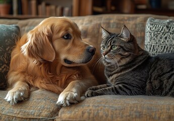 Affectionate Golden Retriever and Playful Tabby Cat Cozying Up on the Couch : Generative AI