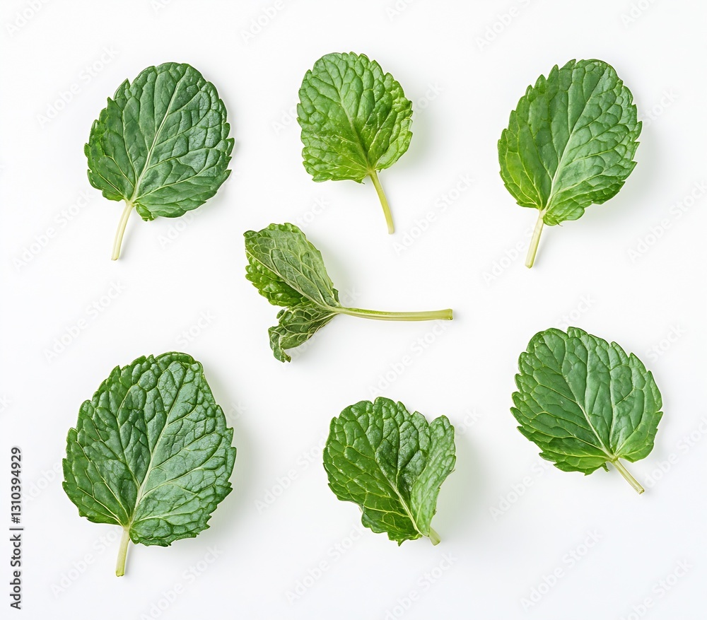 Poster a closeup view of assorted green mint leaves displayed beautifully against a clean white background 