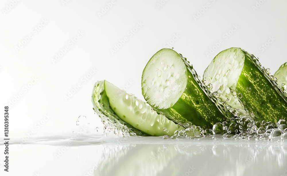 Aufkleber Freshly sliced cucumbers splashing into clear water creating a refreshing scene : Generative AI