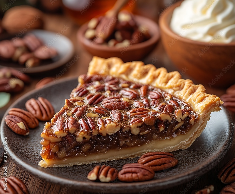 Poster Decadent pecan pie slice with a nutty filling and buttery crust ideal for dessert lovers : Generative AI