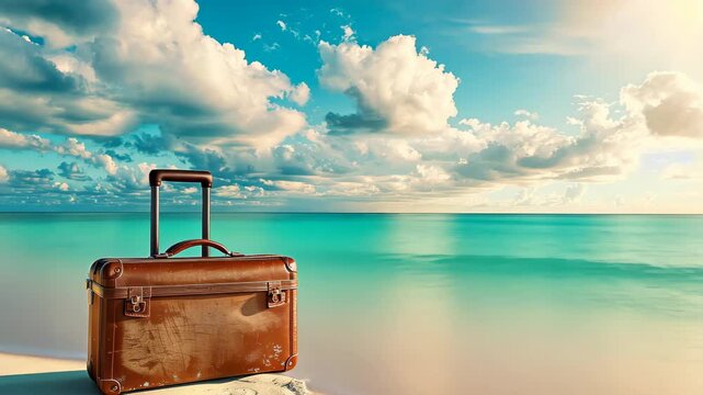 Beachside adventure traveler's suitcase on sandy shore, summer getaway, Ai Generated