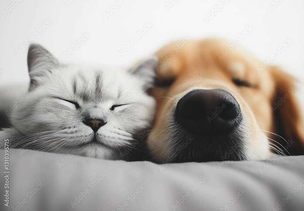 Poster charming white cat and golden retriever sleeping peacefully side by side in a serene setting : gener