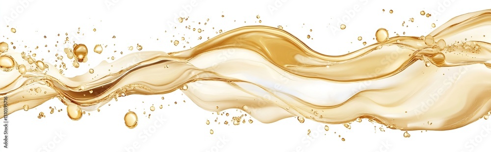 Poster flowing golden liquid wave with bubbles on a white background showcasing vibrant movement and textur