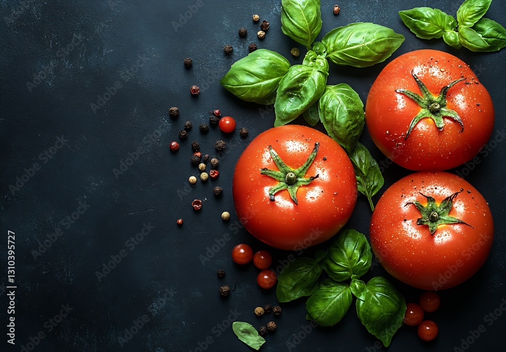 Aufkleber fresh and juicy tomatoes with green basil and spices on a dark background for culinary inspirations 
