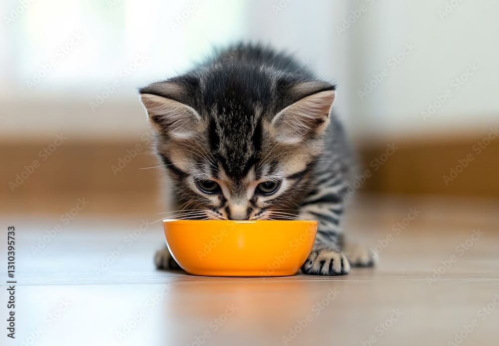 Poster cute playful kitten enjoying its meal from a bright orange bowl in a cozy home setting : generative 
