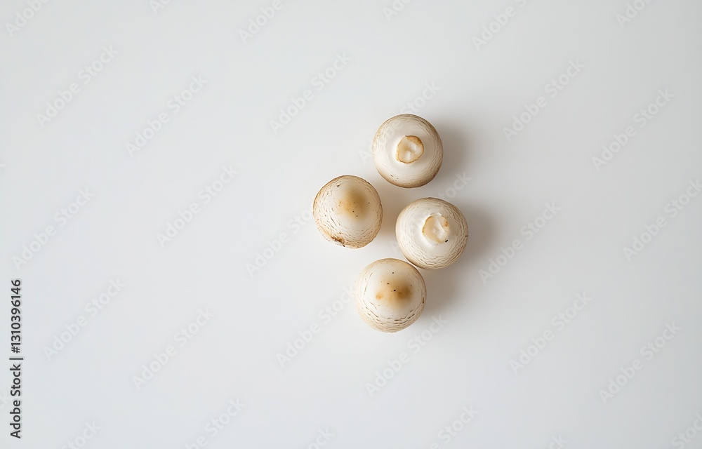Poster fresh white mushrooms arranged elegantly on a minimalist white background : generative ai