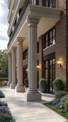 Elegant architectural view of a modern building with columns and lush greenery in the background