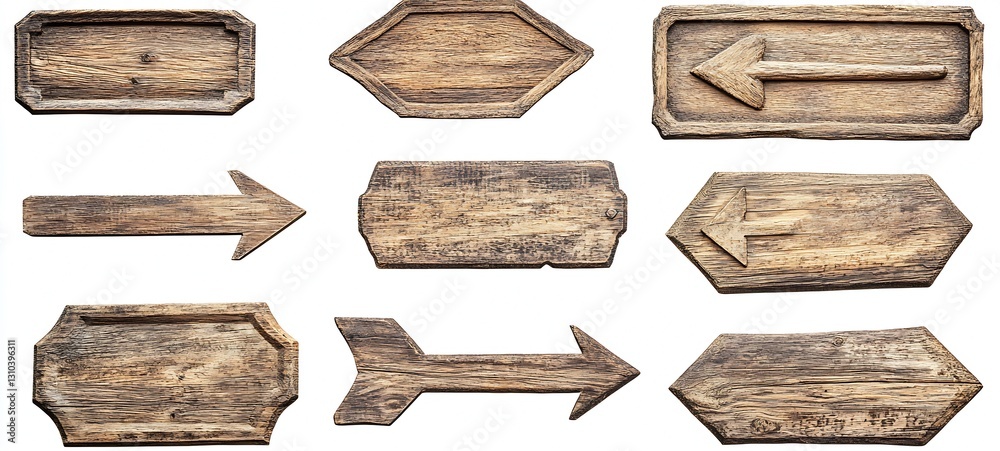 Poster Diverse Set of Rustic Wooden Signs Displaying Various Arrow Shapes and Rectangles on a White Background : Generative AI