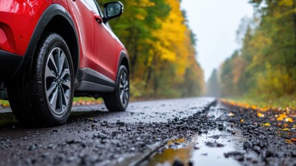 Red Car Parked on Rainy Road Surrounded by Vibrant Autumn Foliage and Puddles in Scenic Nature Landscape