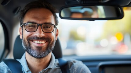 Happy Indian driver smiling while adjusting rearview mirror in car