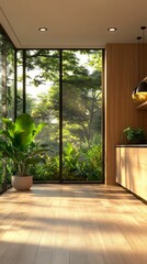 Fototapeta premium Elegant kitchen stands out with its rich wood accents and lush greenery outside. Large windows invite sunshine and nature into the space, creating a serene cooking atmosphere