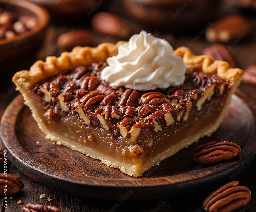 Poster mouthwatering pecan pie slice with whipped cream on wooden tray surrounded by nuts : generative ai