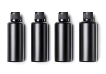 Set of four sleek black cosmetic bottles with pump tops designed for modern beauty products : Generative AI