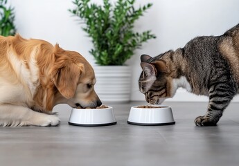 Cheerful golden retriever dog and playful tabby cat sharing their meals together : Generative AI