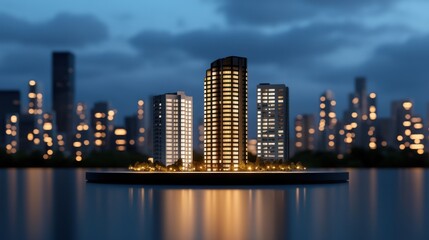 Obraz premium Urban skyline at twilight with modern buildings and glowing lights reflected on calm water surface