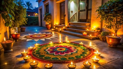 Obraz premium Diwali Rangoli Design: Colorful Festive Entrance Decoration with Diyas at Night