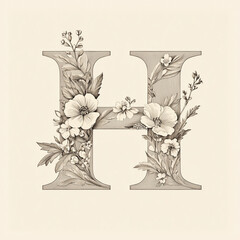 H of the alphabet monochrome. A capital letter in a sleek with floral elements within its structure