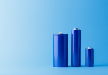 Blue batteries in varying sizes arranged on a vibrant blue background showcasing energy technology : Generative AI