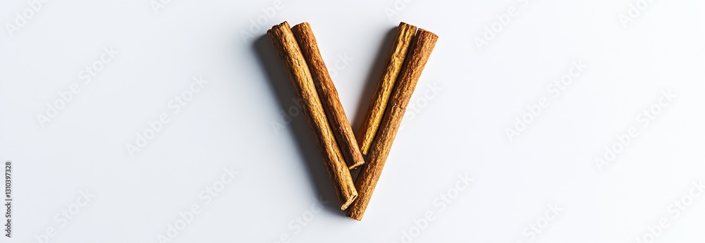Poster artfully arranged cinnamon sticks in a v shape on a minimalist white surface : generative ai