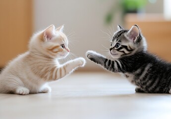 Fototapeta premium Adorable Playful Kittens Engaging in a Gentle Paw Battle on the Floor : Generative AI