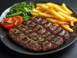 Juicy grilled beef steak served with golden fries and fresh salad on a black plate : Generative AI
